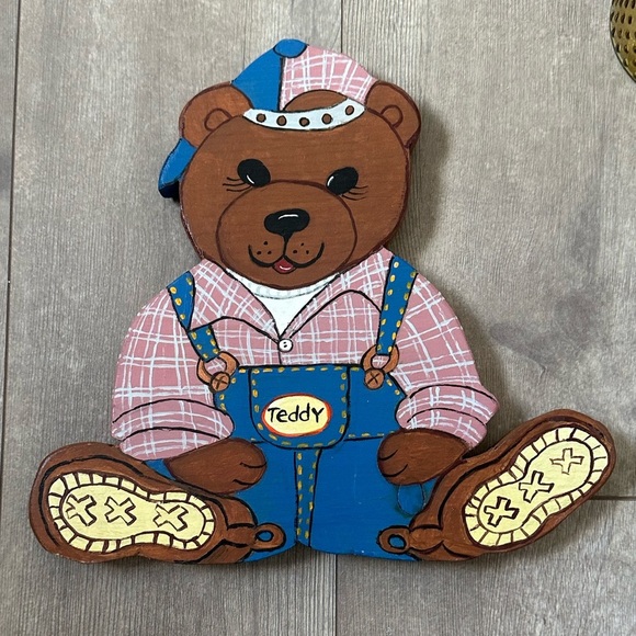 Vintage 90s Hand Crafted Wooden ‘Teddy’ Bear Nursery Kids Boys Room Decor - Picture 10 of 16